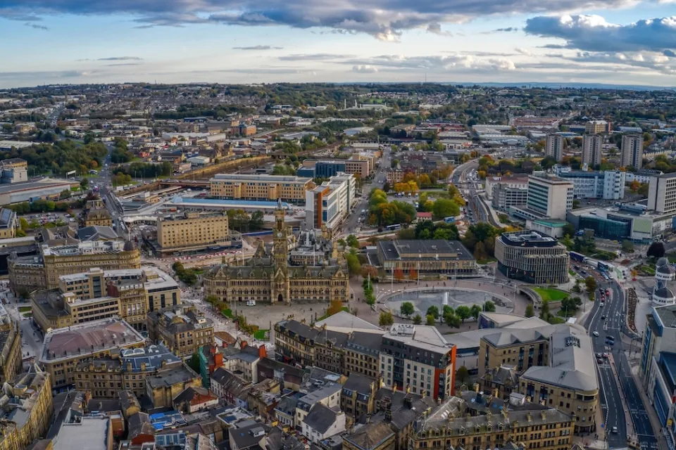 Aerial view of dense historic urban area of Bradford, United Kingdom.